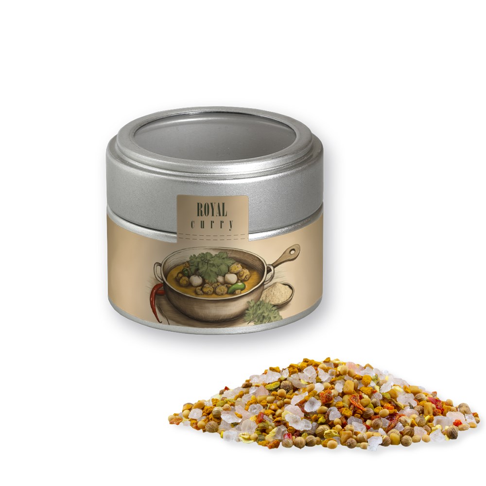 Royal Curry, ca. 75g, Metalldose Mini mit Sichtfenster silber Royal Curry, ca. 75g, Metalldose Mini mit Sichtfenster silber