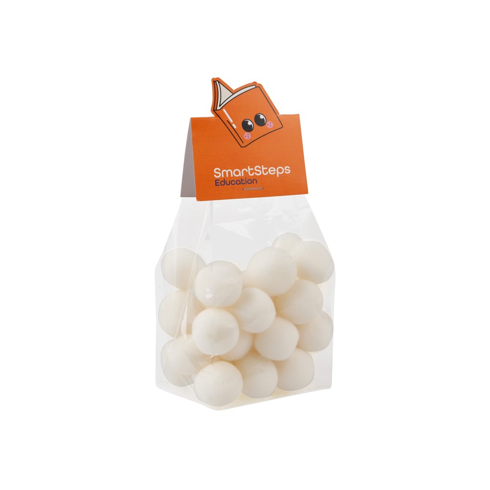 Blockbeutel mit Headerkarte in Ihrer eigenen Form und 150 Gramm Süßigkeiten - transparent/weiß