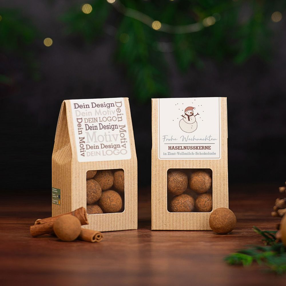 Weihnachts-Edition - Mini Faltschachtel - Haselnusskerne in Zimt-Vollmilch-Schokolade